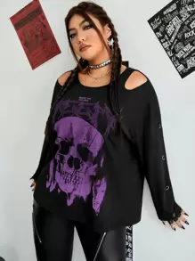 ROMWE PUNK Plus Skull Print Cold Shoulder Tee - Black - View 5