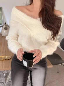 DAZY Suéter esponjoso con hombros descubiertos, ropa de mujer de otoño - Beis - Ver 7