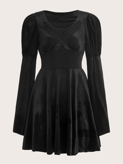 Butterfly Patched Gigot Sleeve Velvet Dress