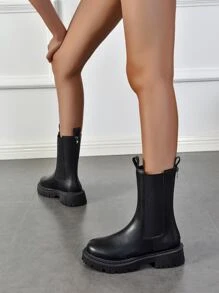 Stijl met rok past bij elk vest, damesmode Chelsea-laarsjes, effen kleur, elastisch achterpaneel, ritssluiting, één pedaal, zwart