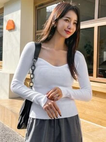 DAZY Jersey tejido de canalé escote corazón - Blanco - Ver 8