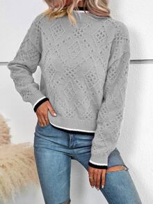 Striped Trim Drop Shoulder Jumper - Light Grey - View 5