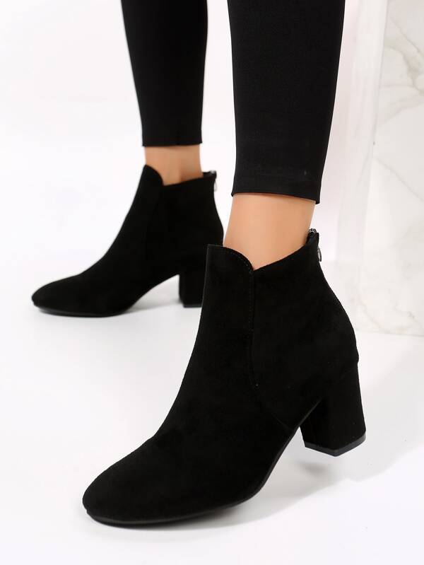 Elegant Black Solid Color Women's Fashion Boots, Faux Suede, Pointed