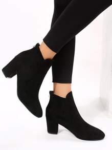 Elegant Black Solid Color Women's Fashion Boots, Faux Suede, Pointed Toe, Thick Heel, Classic Style - Black - View 2