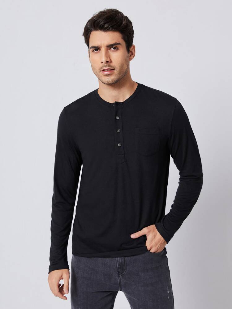 Men T-Shirts Fit Crew Neck Long Sleeve Henley Casual Simple Spring Knit Top Tee