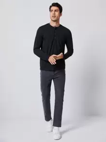 Manfinity BRENVOR Men T-Shirts Fit Crew Neck Long Sleeve Henley Casual Simple Spring Knit Top Tee