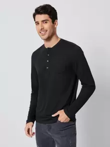 Manfinity BRENVOR Men T-Shirts Fit Crew Neck Long Sleeve Henley Casual Simple Spring Knit Top Tee