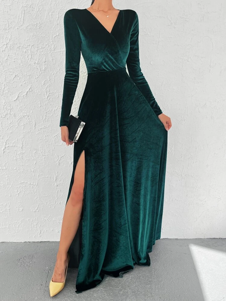 EURMUSE Surplice Neck Split Thigh Velvet Dress - Dark Green - View 1