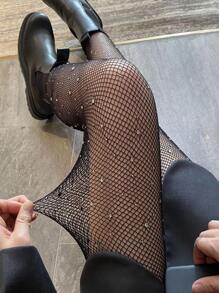 Rhinestone Decor Fishnet Tights - Black - View 1