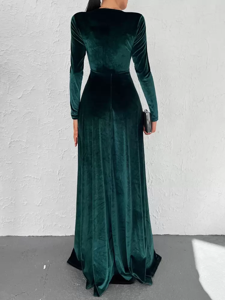 EURMUSE Surplice Neck Split Thigh Velvet Dress - Dark Green - View 2