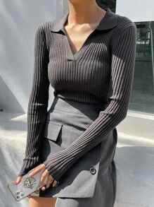 DAZY Solid Ribbed Knit Sweater - Dark Grey - View 2