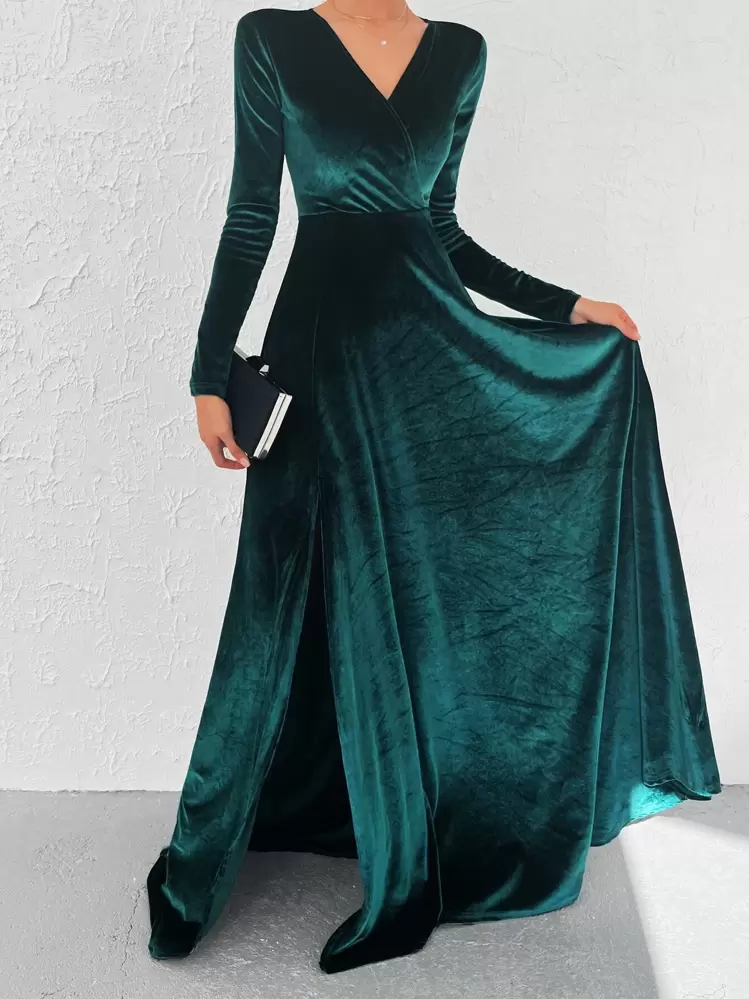 EURMUSE Surplice Neck Split Thigh Velvet Dress - Dark Green - View 3