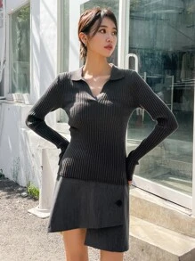 DAZY Solid Ribbed Knit Sweater - Dark Grey - View 4
