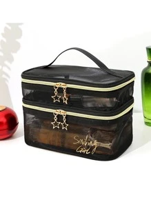 Black Mesh Transparent Star Zipper Cosmetic Bag - Black - View 1