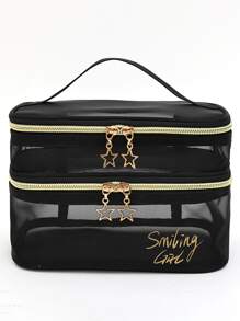 Black Mesh Transparent Star Zipper Cosmetic Bag - Black - View 3