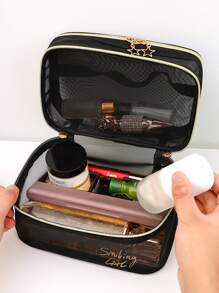 Black Mesh Transparent Star Zipper Cosmetic Bag - Black - View 4