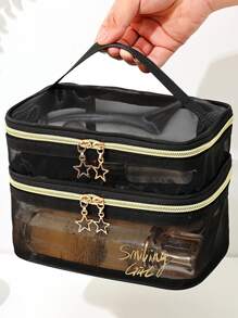 Black Mesh Transparent Star Zipper Cosmetic Bag - Black - View 5