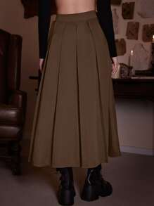 ROMWE Academia Solid Pleated Skirt - Khaki - View 2