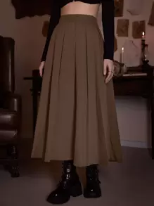 ROMWE Academia Solid Pleated Skirt - Khaki - View 4