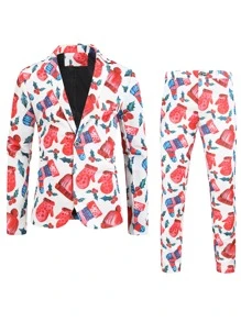 Men Christmas Print Blazer & Trousers - Multicolor - View 5
