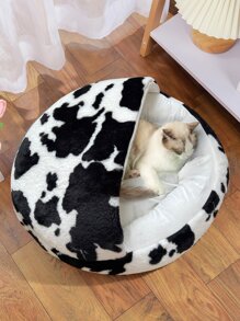 Cow Print Plush Pet Bed - Black and White - View 1