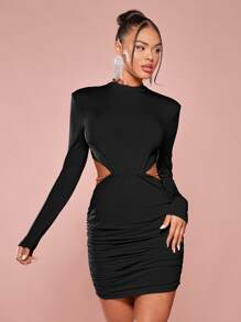 SHEIN BAE Đầm Chuỗi Cắt ra Xù màu trơn Gợi cảm - màu đen - Xem 5