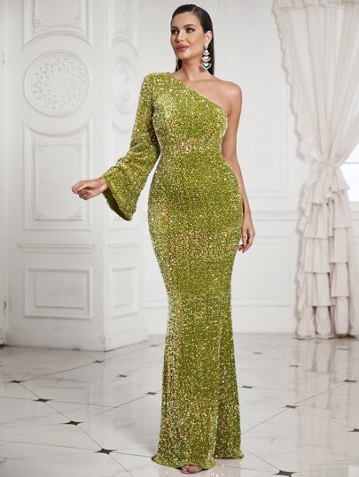 LOVE&LEMONADE One Shoulder Lace Up Trumpet Sleeve Sequin Formal Dress