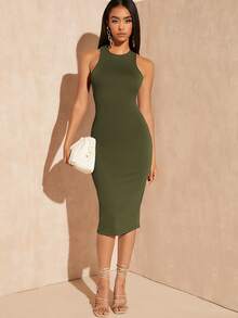 SHEIN BAE Solid Criss Cross Tie Backless Split Hem Dress - Army Green - View 5