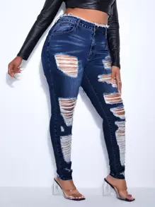 SHEIN SXY Plus High Waist Ripped Frayed Skinny Jeans - Dark Wash - View 4