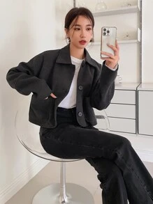 DAZY 双口袋落肩大衣外套 秋冬 - 深灰色 - 查看 4