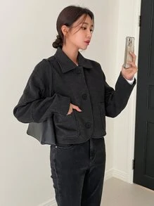 DAZY 双口袋落肩大衣外套 秋冬 - 深灰色 - 查看 5