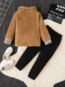 SHEIN 男小童2入組流行咖啡棕色毛茸茸套頭毛衣和翻領外套適用於秋天和冬天 - 彩色 - 查看 2