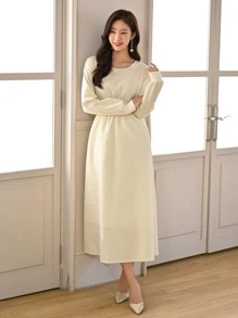 Modelyn Solid Round Neck Dress - Beige - View 1