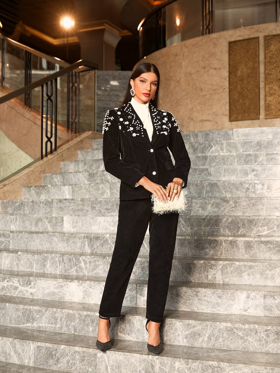 Modelyn Pearl Beaded Blazer & Trousers Set - Black - View 1