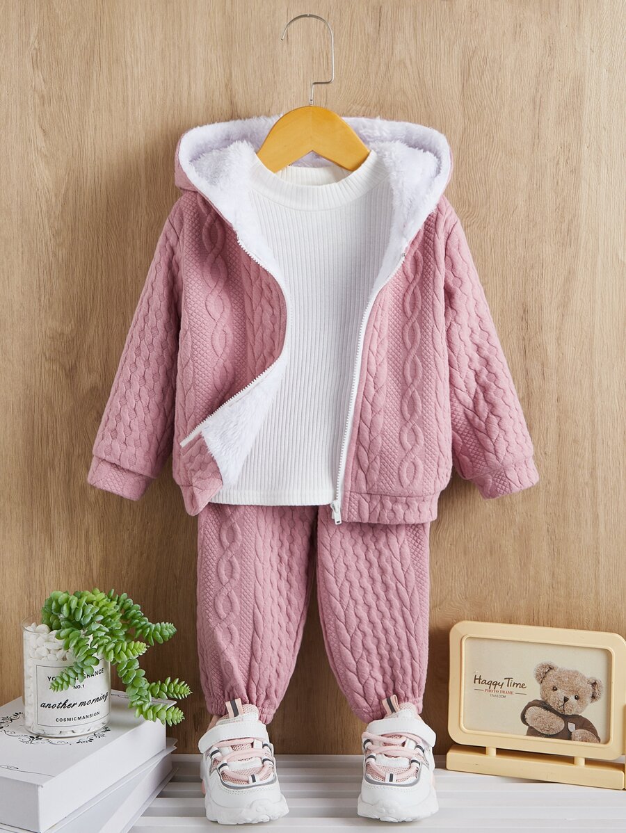 SHEIN 嬰兒加絨內裏拉鏈開襟連帽夾克和褲子不帶T恤 - 藕粉色 - 查看 1