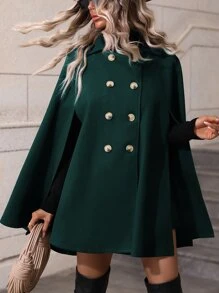 SHEIN LUNE Double Breasted Cloak Sleeve Cape Overcoat - Dark Green - View 4