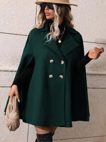 SHEIN LUNE Double Breasted Cloak Sleeve Cape Overcoat - Dark Green - View 5