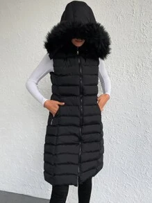 RueChic Fuzzy Trim Hooded Vest Puffer Coat - Black - View 1