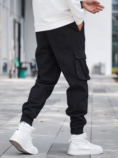 Guys Flap Pocket Drawstring Waist Cargo Jeans