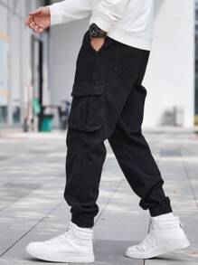 Manfinity Homme Men Cotton Flap Pocket Drawstring Waist Cargo Jeans Baggy Long Washed Denim Joggers Jean Plain Black Party Punk Rock Friends, Men Cargo Jogger Pants,  Cargo Pants, Men Big Pocket Pants - Black - View 3