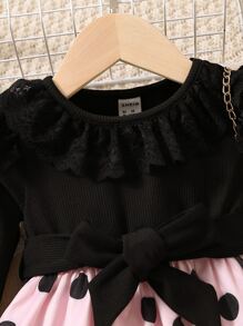 嬰兒波點圖案蕾絲拼接繫腰帶洋裝 - 彩色 - 查看 3