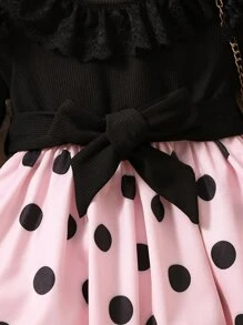 嬰兒波點圖案蕾絲拼接繫腰帶洋裝 - 彩色 - 查看 4