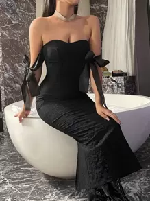 SHEIN BAE Đầm Dây kéo Lộ Lưng Thắt nút Chia Hoa Buổi tiệc - màu đen - Xem 6