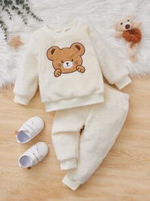 嬰兒小熊刺繡絨毛衛衣和褲子 - 米色 - 查看 1