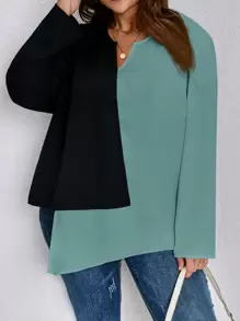 SHEIN LUNE Plus Two Tone Asymmetrical Hem Blouse - Cadet Blue - View 1