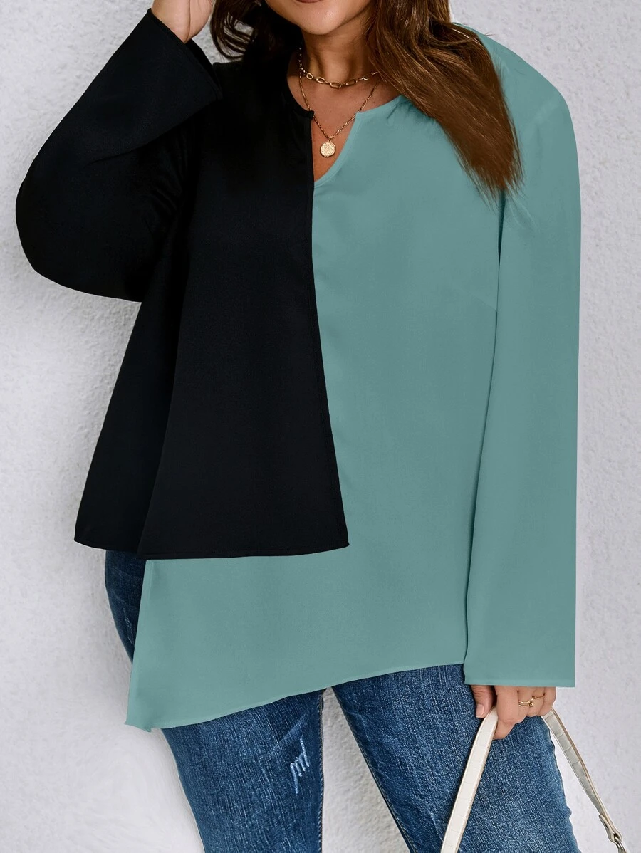 SHEIN LUNE Plus Two Tone Asymmetrical Hem Blouse - Cadet Blue - View 1