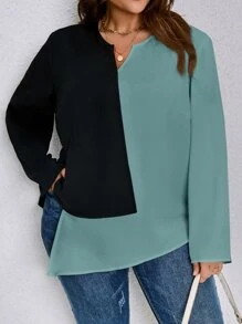 SHEIN LUNE Plus Two Tone Asymmetrical Hem Blouse - Cadet Blue - View 4
