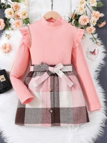Niñas tejido de canalé ribete con fruncido Camiseta & con estampado de cuadros con cinturón Falda - Multicolor - Ver 1