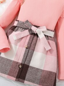 Niñas tejido de canalé ribete con fruncido Camiseta & con estampado de cuadros con cinturón Falda - Multicolor - Ver 5