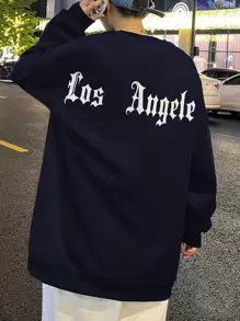 Manfinity EMRG Men Letter Graphic Drop Shoulder Thermal Lined Sweatshirt - Navy Blue - View 1